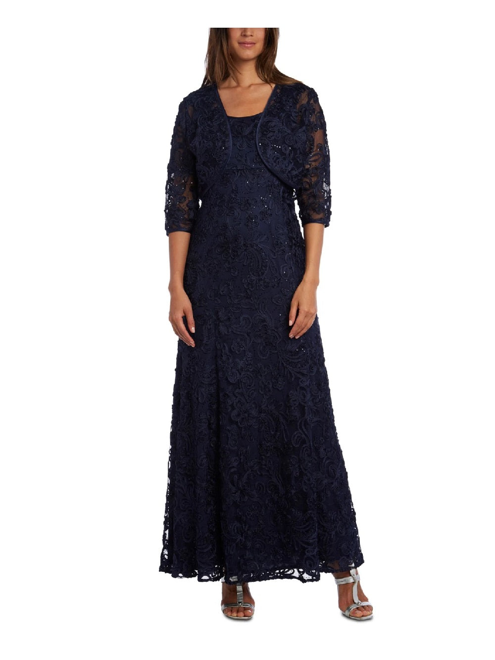 Vestido de festa feminino R &amp; M Richards com babados e bolero, azul-marinho, tamanho 10