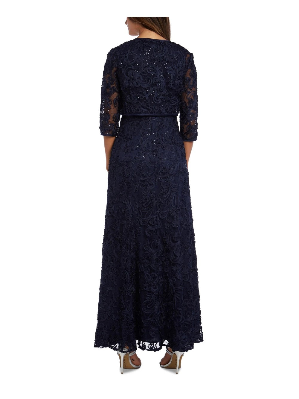 Vestido de festa feminino R &amp; M Richards com babados e bolero, azul-marinho, tamanho 10