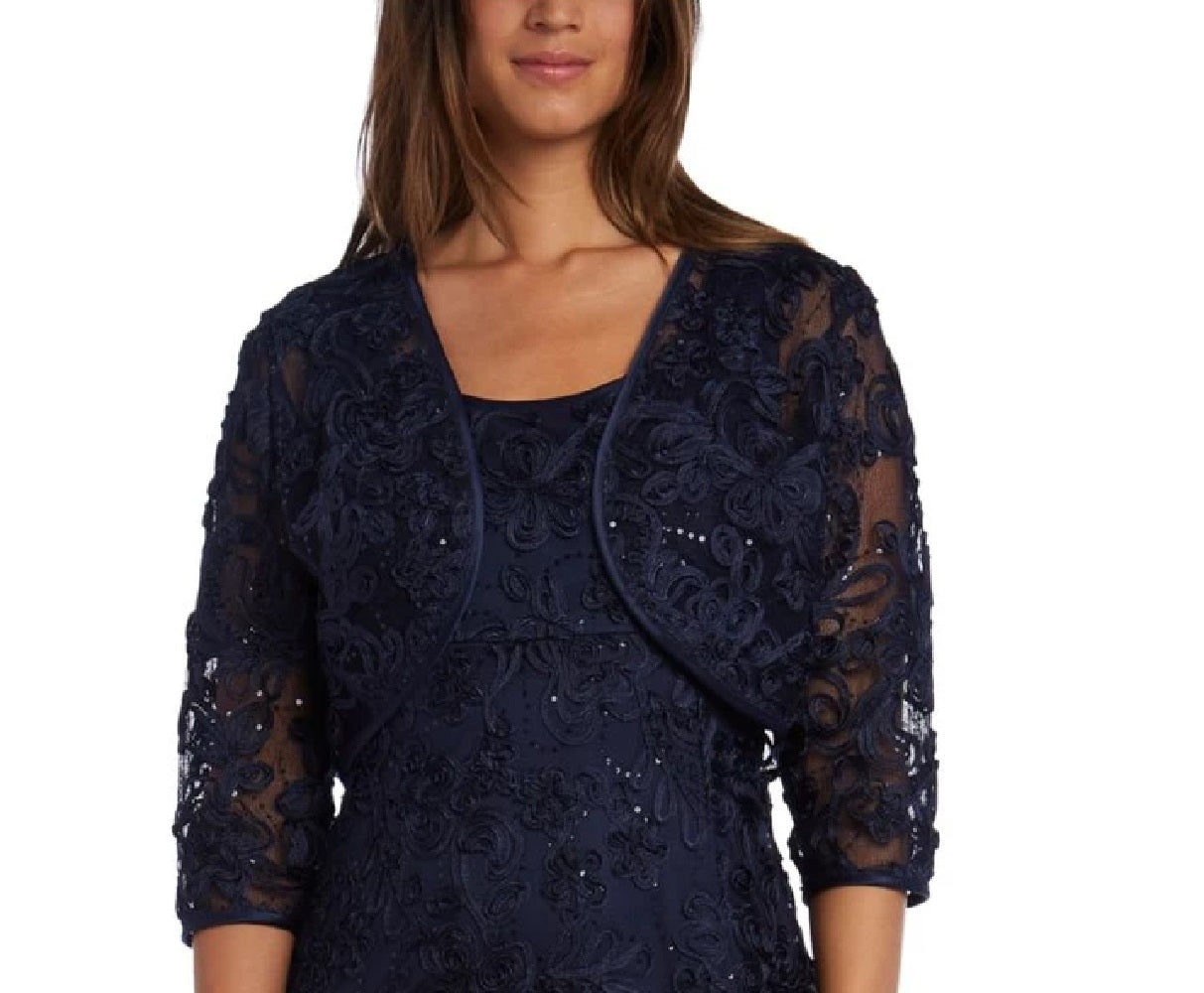 Vestido de festa feminino R &amp; M Richards com babados e bolero, azul-marinho, tamanho 12