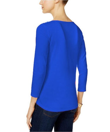 Charter Club Blusa feminina de algodão Pima com decote canoa e botões, azul, tamanho pequeno
