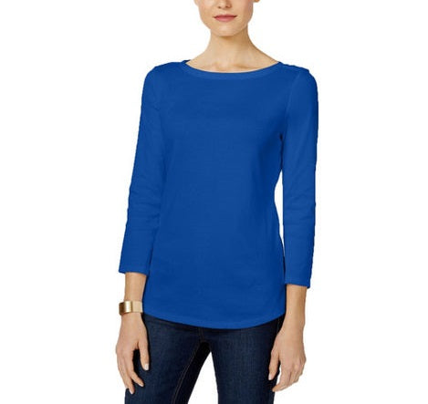 Charter Club Blusa feminina de algodão Pima com decote canoa e botões nos ombros, azul, tamanho 2, extra grande