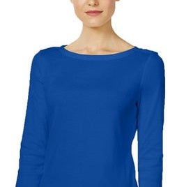 Charter Club Blusa feminina de algodão Pima com decote canoa e botões nos ombros, azul, tamanho 2, extra grande