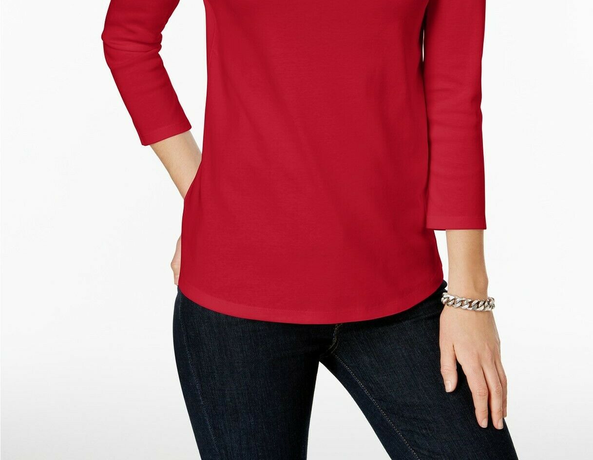Charter Club Petite Pima Cotton Top com botões e ombros de fora, tamanho médio, vermelho