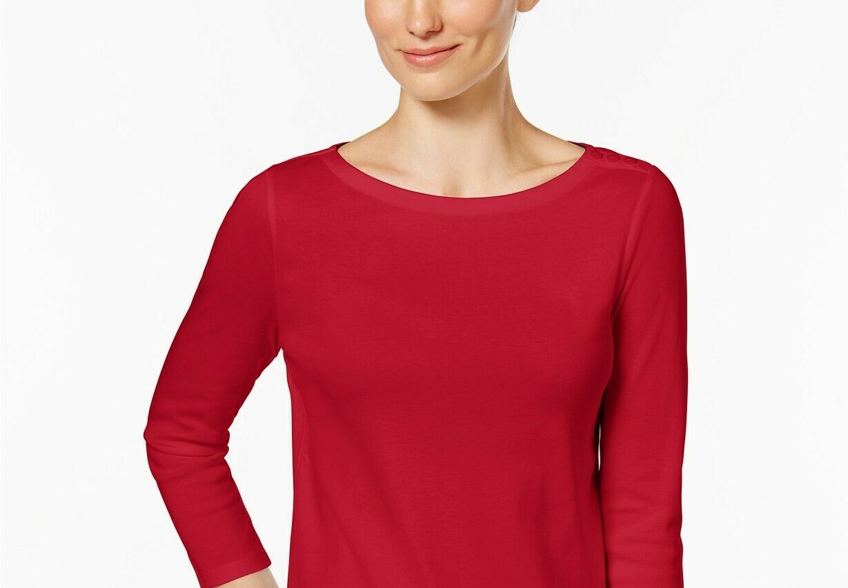Charter Club Petite Pima Cotton Top com botões e ombros de fora, tamanho médio, vermelho