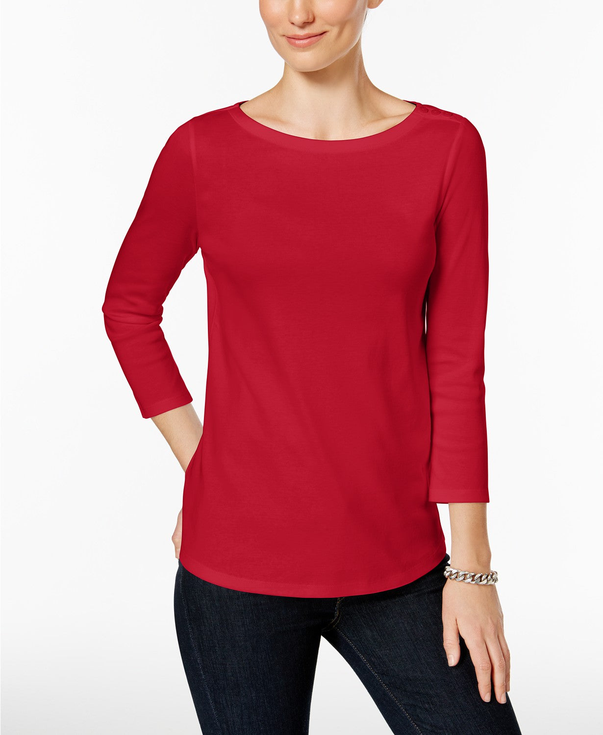 Charter Club Petite Pima Cotton Top com botões e ombros de fora, tamanho médio, vermelho, grande