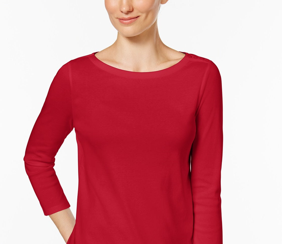 Charter Club Petite Pima Cotton Top com botões e ombros de fora, tamanho médio, vermelho, grande