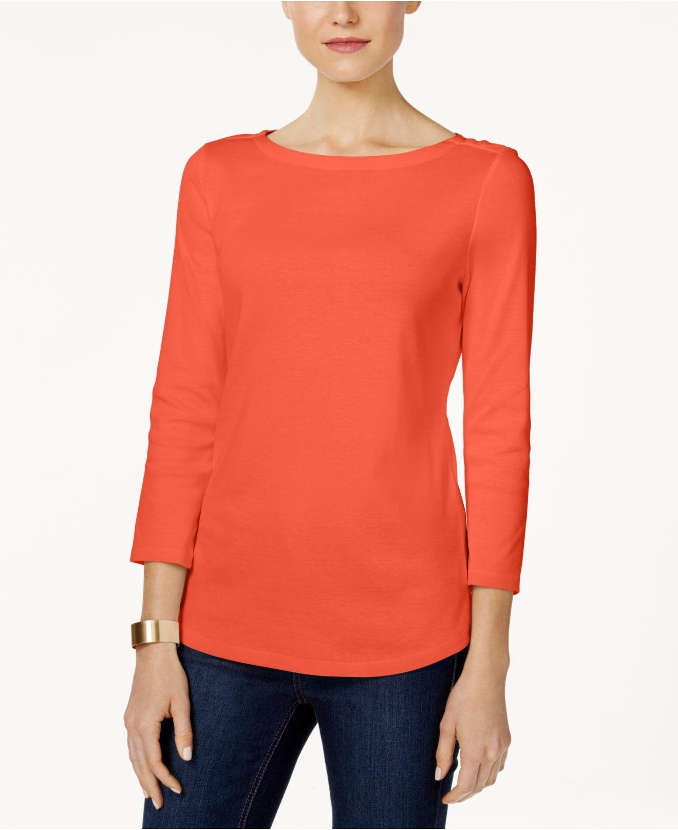 Charter Club Petite Pima Cotton Top com botões e ombros de fora, tamanho pequeno, extra grande, vermelho