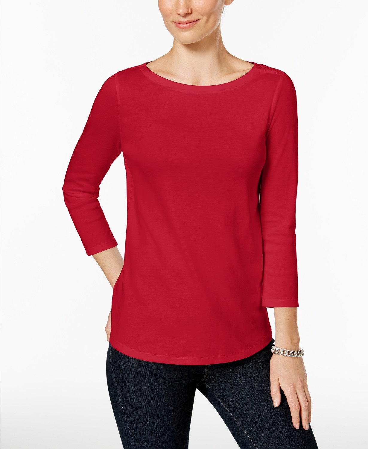Charter Club Petite Pima Cotton Top com botões e ombros de fora, tamanho vermelho PET/SM