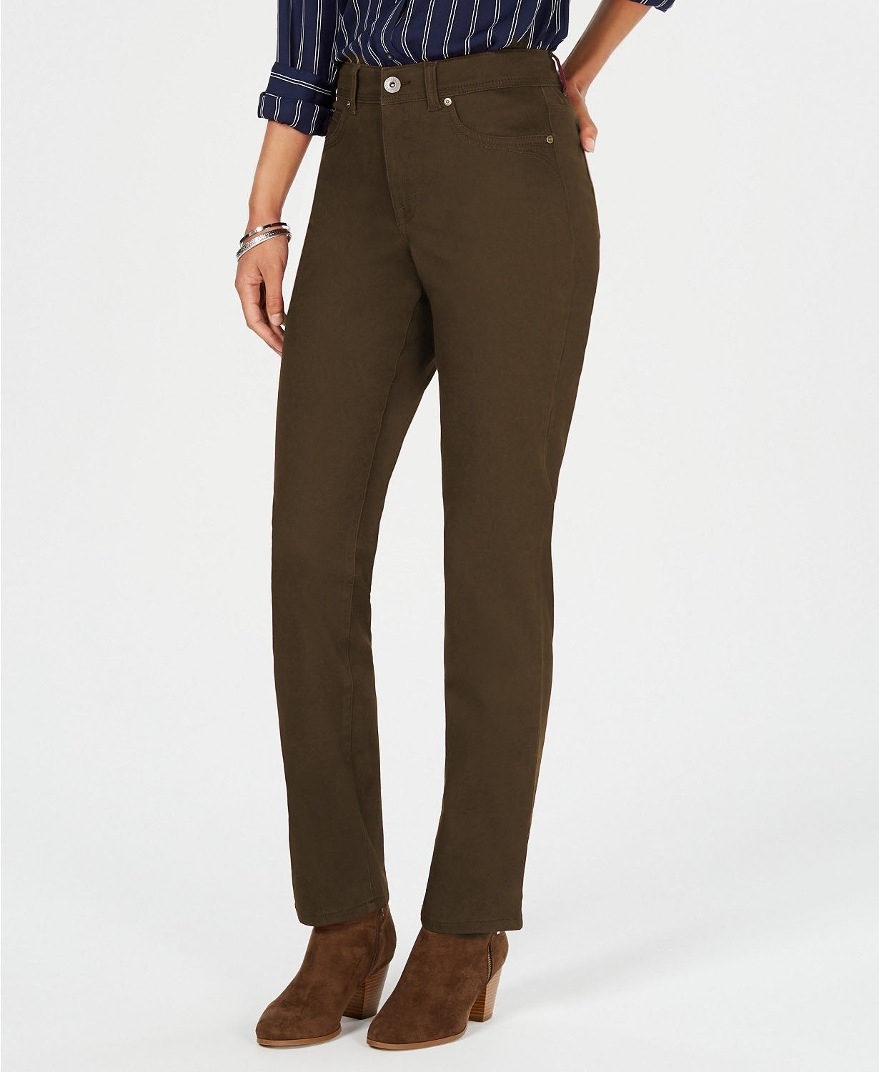 Calça jeans feminina Style &amp; Co Rail Tummy-Control com perna reta, verde oliva, tamanho 18, curta