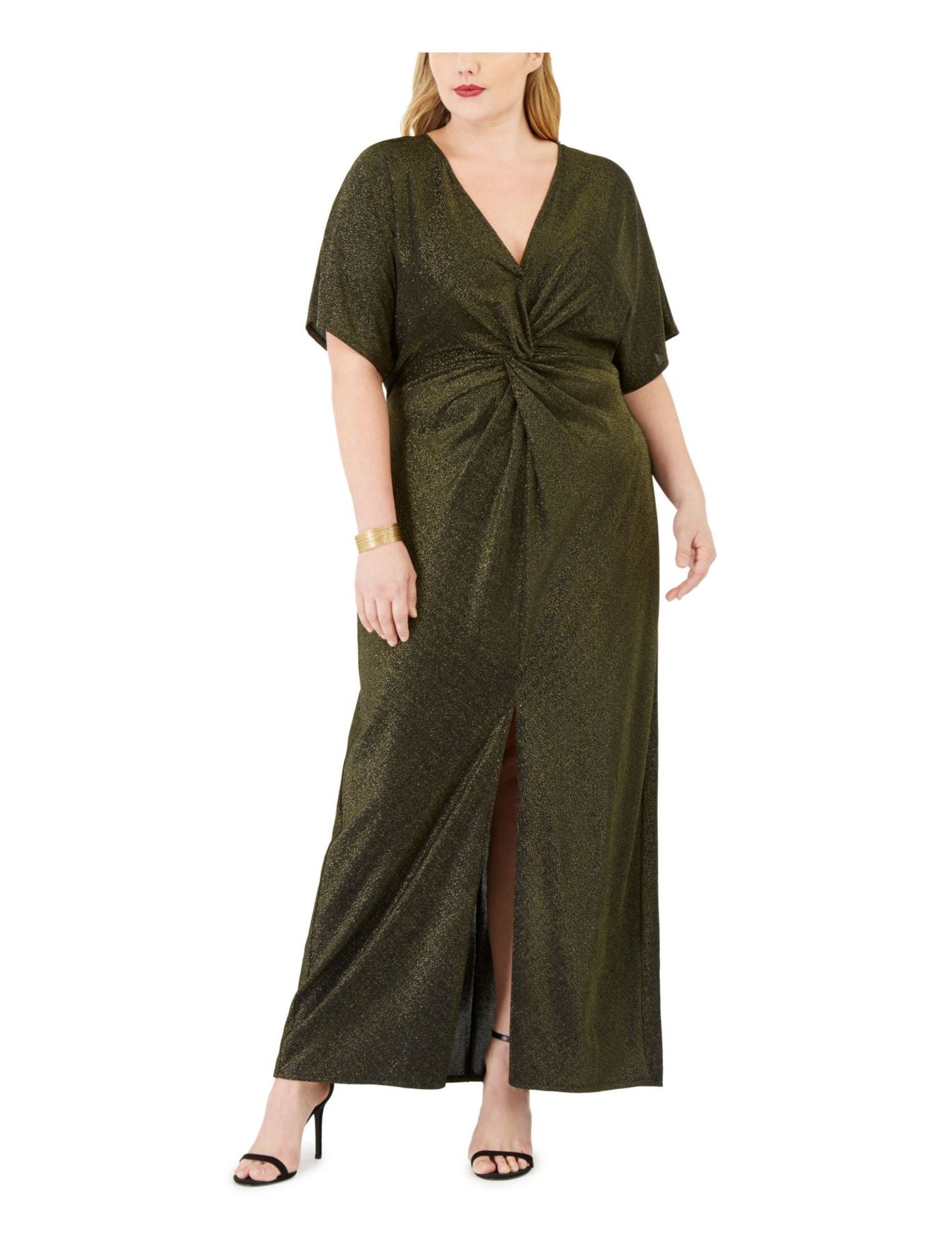 Vestido de noite feminino Love Squared com nó frontal metálico, preto/dourado, tamanho 2X