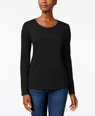 Charter Club Women's Pima Cotton Long-Sleeve Top  Black Size Large