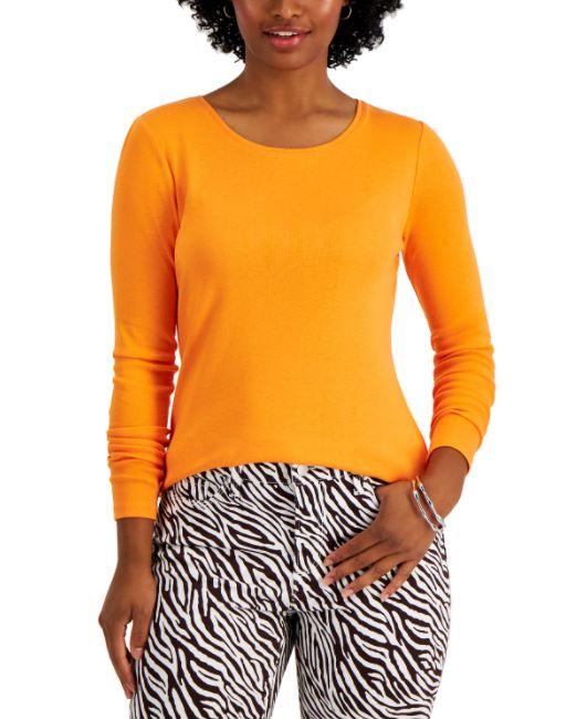 Camiseta feminina de manga comprida em algodão Pima Charter Club, tamanho P, dourada