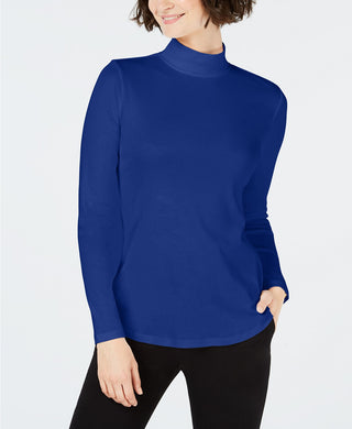 Camiseta feminina Charter Club de algodão com gola alta, azul, tamanho pequeno
