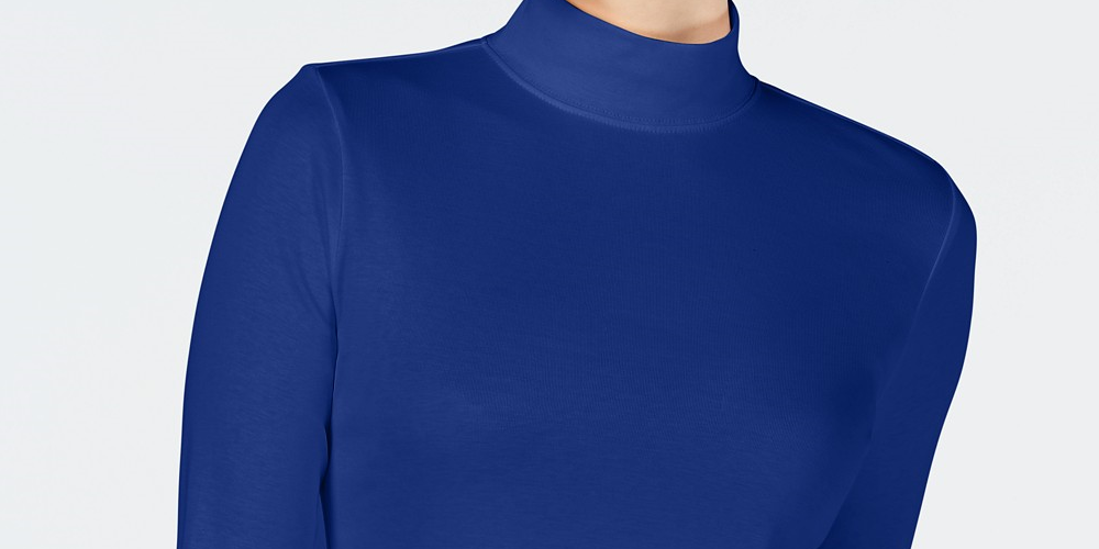 Camiseta feminina Charter Club de algodão com gola alta, azul, tamanho pequeno