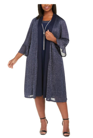Vestido com colar e jaqueta brilhante plus size feminino R &amp; M Richards, azul, tamanho 14