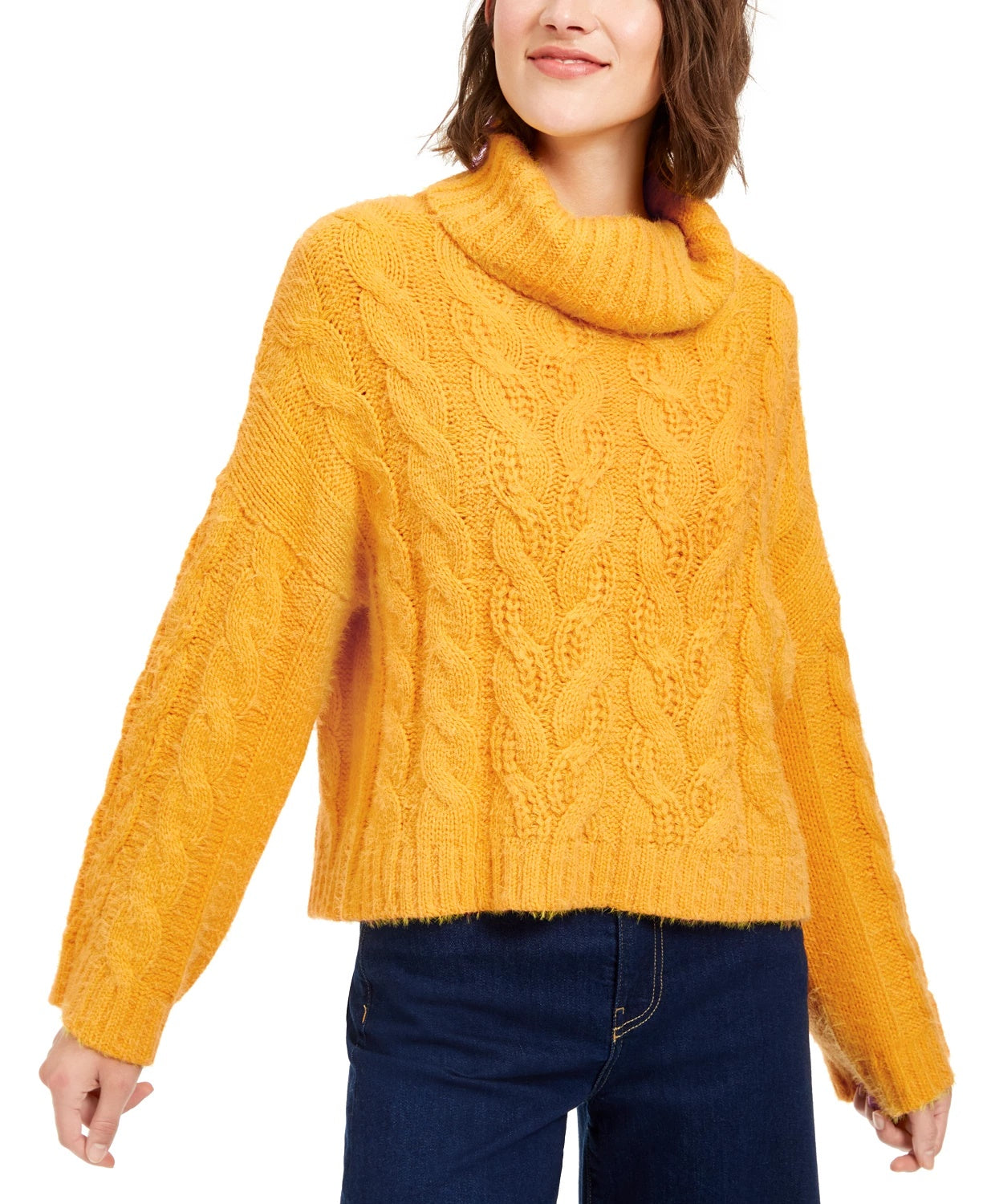 Suéter feminino Sun + Moon com gola alta e tricô trançado, tamanho P, amarelo médio