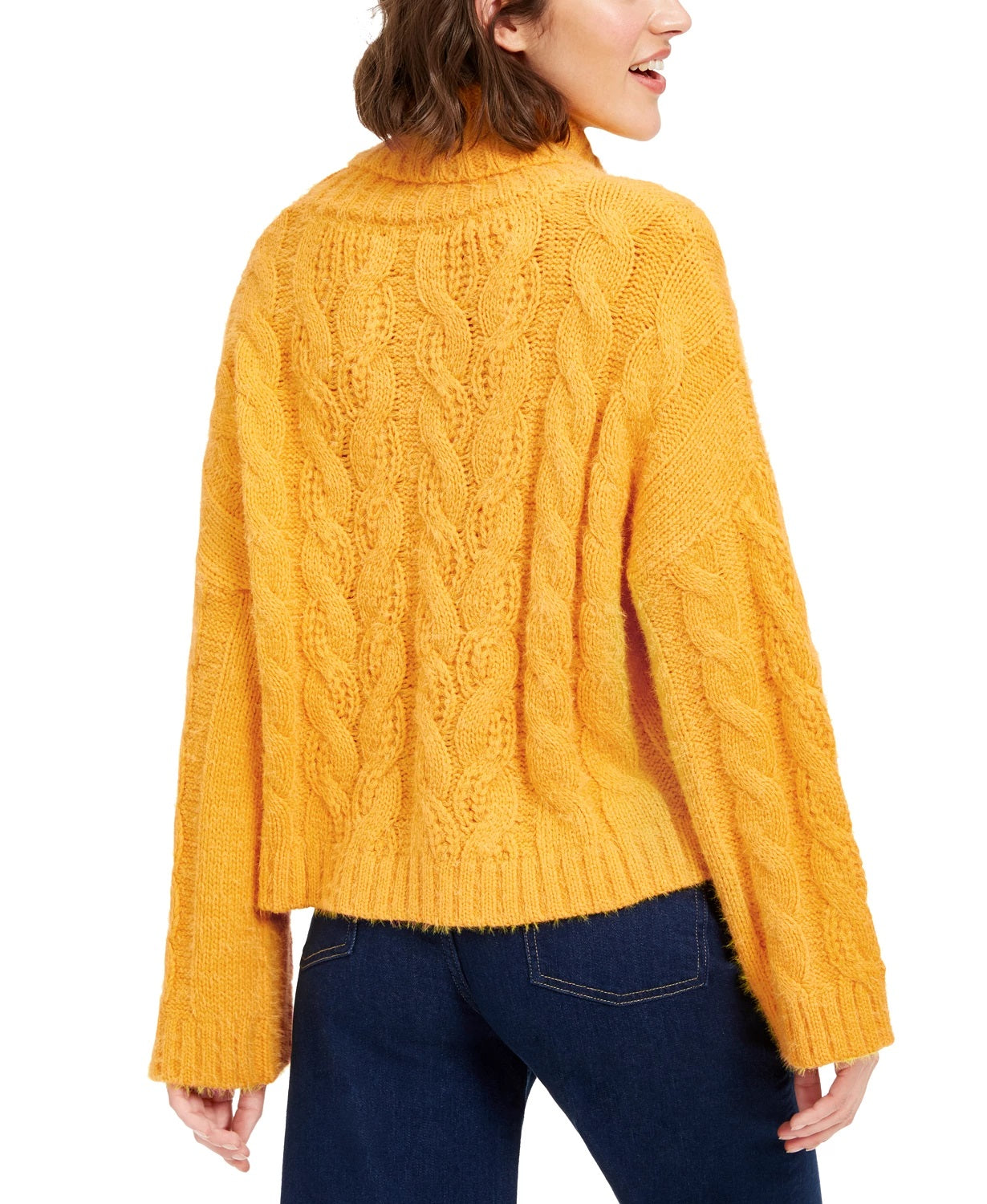 Suéter feminino Sun + Moon de malha trançada com gola alta, amarelo, tamanho extra grande