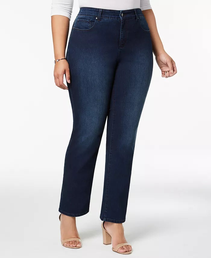 Calça jeans feminina plus size e petite plus size Lexington Tummy-Control com perna reta, azul, tamanho 26W