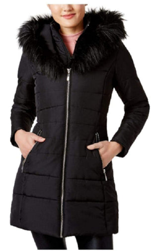 Casaco acolchoado com capuz e acabamento falso Maralyn &amp; Me Juniors feminino, preto, tamanho pequeno