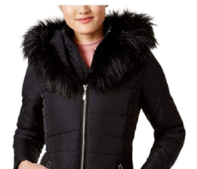 Casaco acolchoado com capuz e acabamento falso Maralyn &amp; Me Juniors feminino, preto, tamanho pequeno