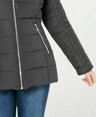 Casaco acolchoado com capuz e acabamento falso Maralyn &amp; Me feminino, cor carvão, tamanho extra pequeno