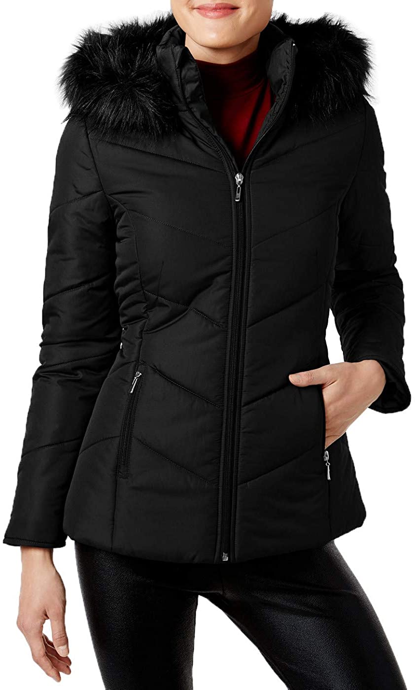 Maralyn & Me Women's Juniors' Hooded Faux-Fur-Trim Puffer Coat Black Size Extra Small