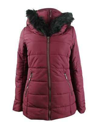 Maralyn & Me Juniors' Hooded Faux-Fur-Trim Puffer Coat Dark Blue Size Small