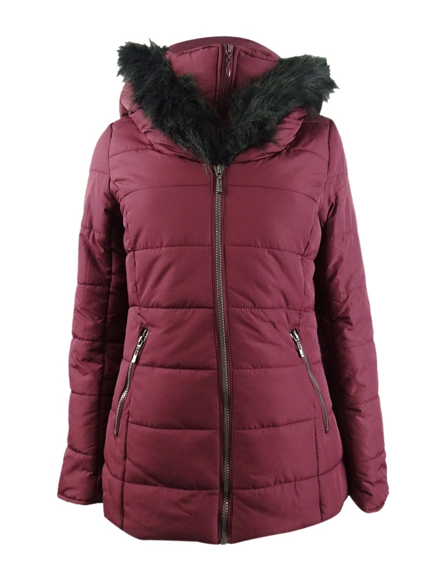 Maralyn & Me Juniors' Hooded Faux-Fur-Trim Puffer Coat Dark Blue Size Small