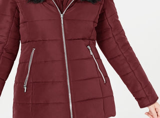 Casaco acolchoado com capuz e acabamento em pele sintética Maralyn &amp; Me para mulheres, tamanho extra pequeno, vermelho