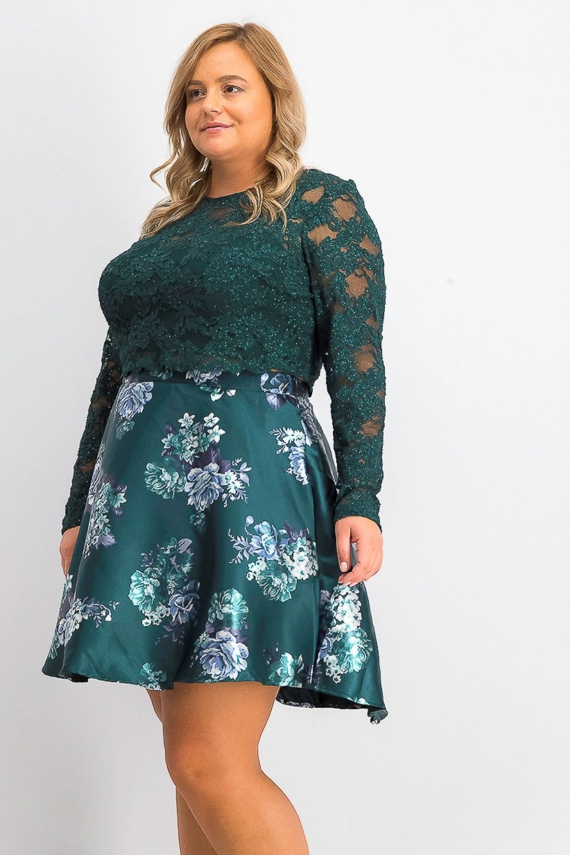 Vestido feminino plus size da City Studios, 2 peças, com renda e estampa floral, verde escuro, tamanho 16W