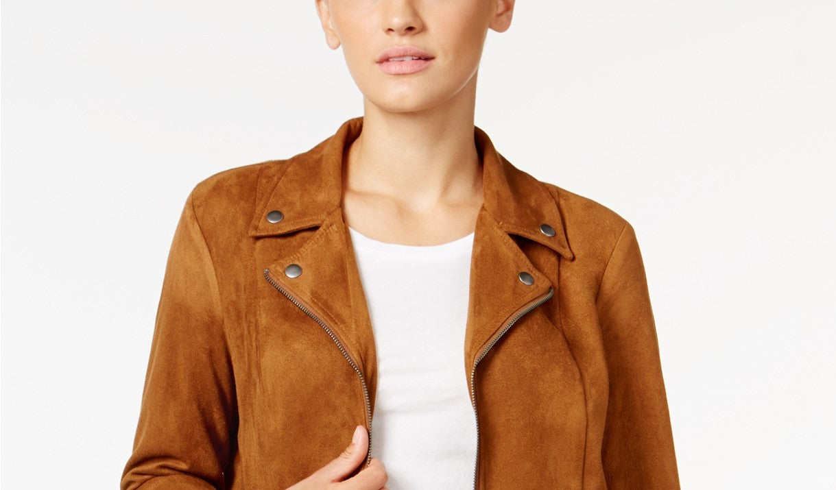 Jaqueta de motociclista feminina Style &amp; Co em camurça sintética, marrom, tamanho grande