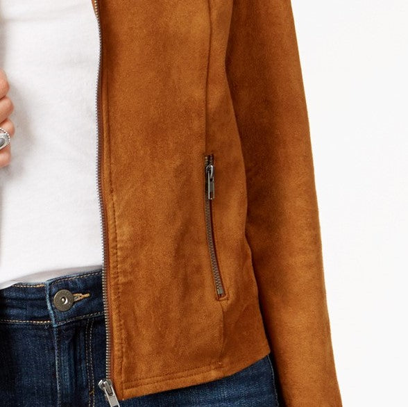 Jaqueta de motociclista feminina Style &amp; Co em camurça sintética, marrom, tamanho grande