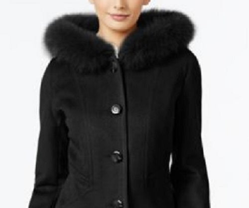 Casaco feminino Forecaster com capuz e acabamento em pele de raposa, preto, tamanho 10