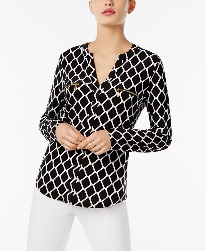 INC International Concepts Top feminino pequeno com estampa e bolso com zíper, preto, tamanho pequeno