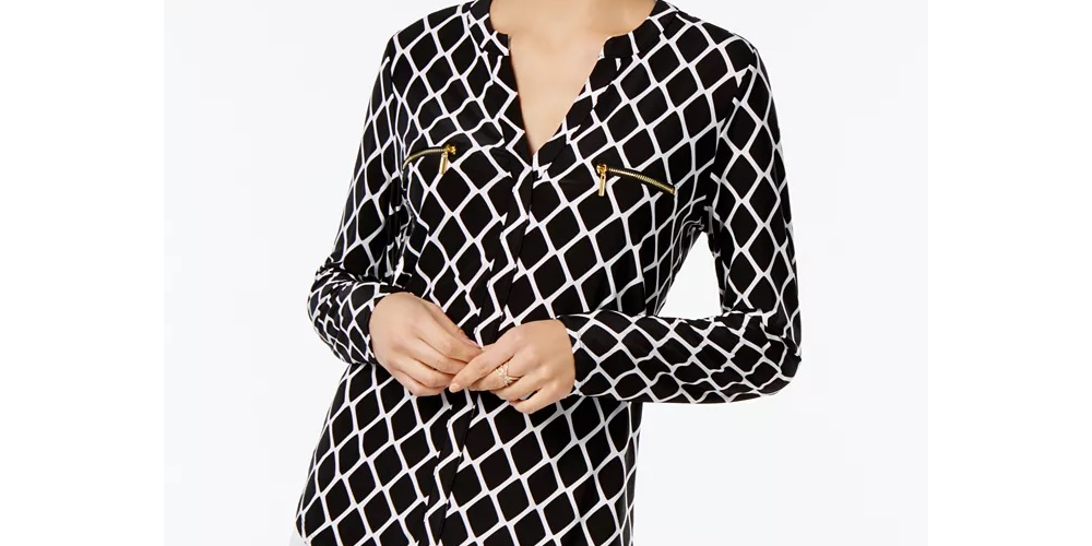 INC International Concepts Top feminino pequeno com estampa e bolso com zíper, preto, tamanho pequeno