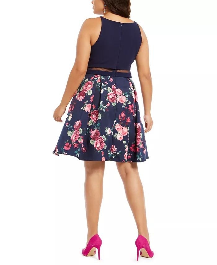 Vestido feminino B Darlin Plus Size com estampa floral Illusion, ajuste e flare, azul, tamanho 18
