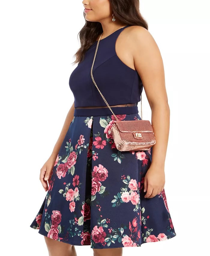 Vestido feminino B Darlin Plus Size com estampa floral Illusion, ajuste e flare, azul, tamanho 18