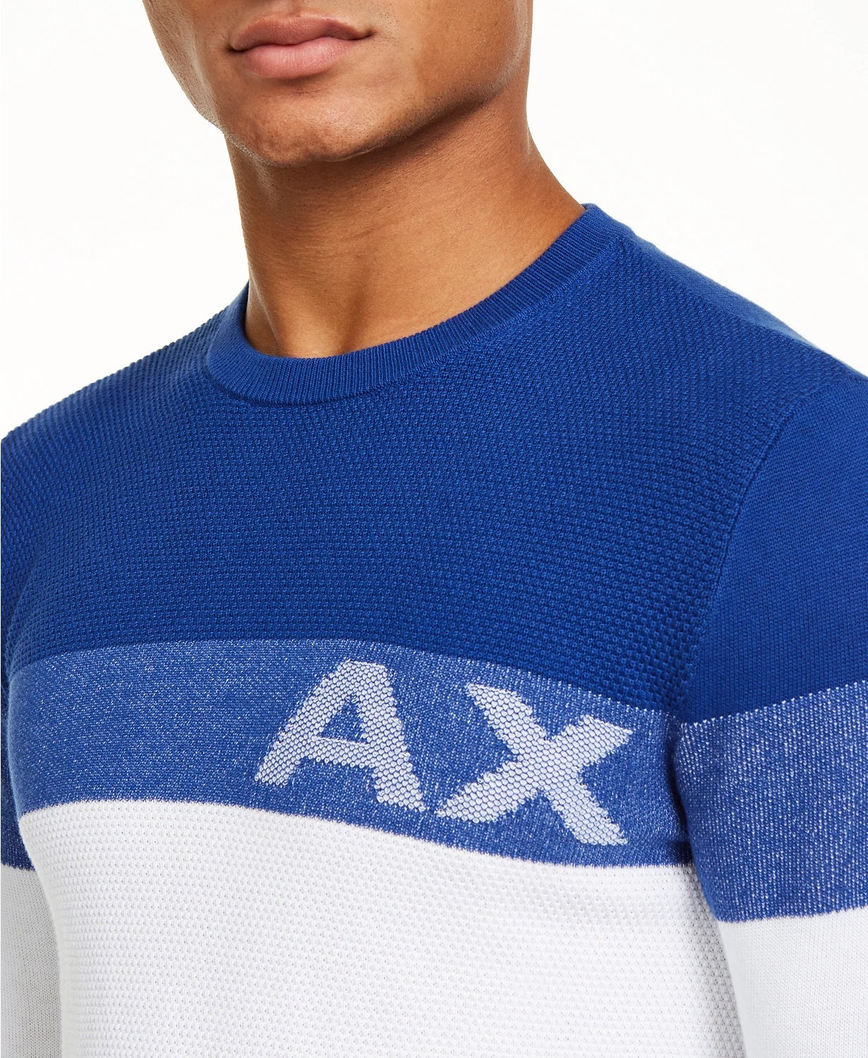 Suéter masculino Armani Exchange Regular Fit Colorblocked com listras e logotipo, branco, tamanho GG