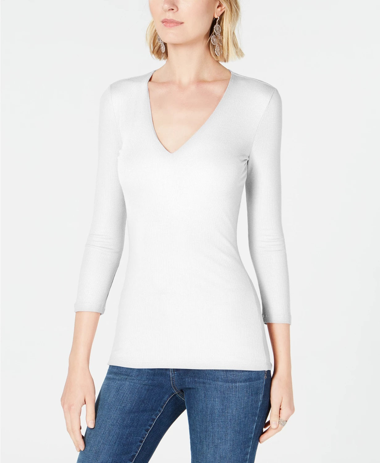 Blusa feminina com decote em V INC International Concepts, branca, tamanho pequeno médio
