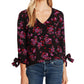Top Cece Feminino Romântico Místico Floral Manga Amarrada Preto Tamanho P