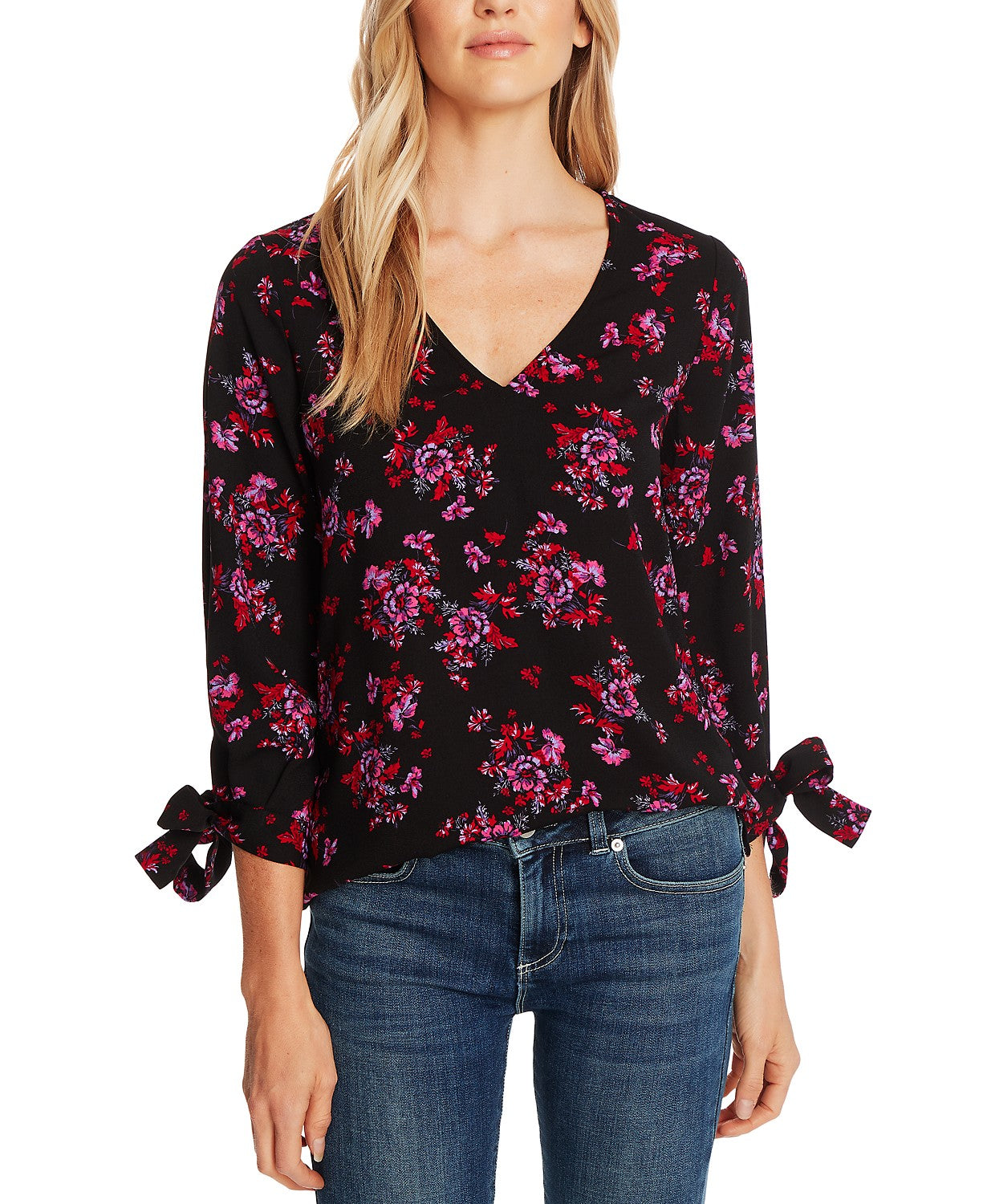 Top Cece Feminino Romântico Místico Floral Manga Amarrada Preto Tamanho P