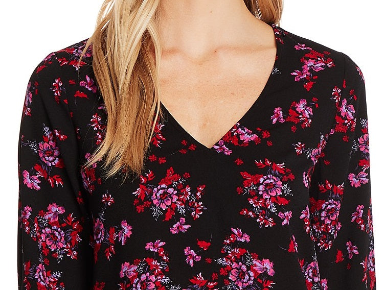 Top Cece Feminino Romântico Místico Floral Manga Amarrada Preto Tamanho P