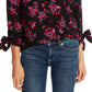 Top Cece Feminino Romântico Místico Floral Manga Amarrada Preto Tamanho P