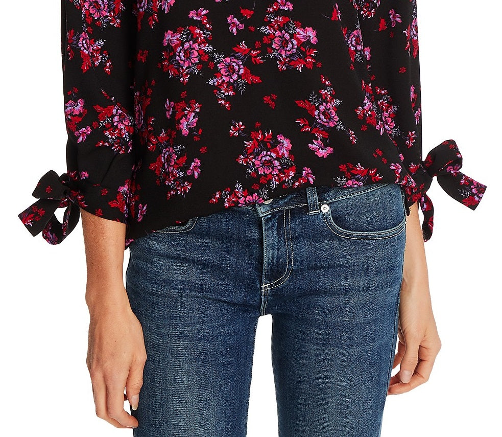 Top Cece Feminino Romântico Místico Floral Manga Amarrada Preto Tamanho P