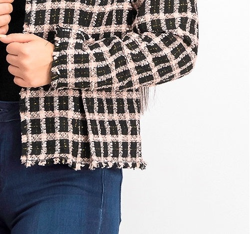 Jaqueta Cece Feminina Grid Tweed Desfiada Preta Tamanho 12