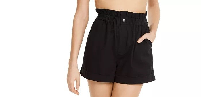 Shorts femininos Danielle Bernstein com cintura de saco de papel, preto, tamanho grande