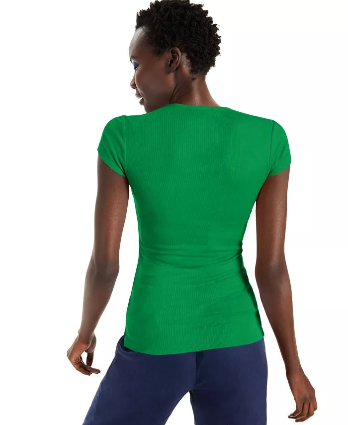 Blusa feminina com decote em V canelado, tamanho médio, verde, da INC International Concepts