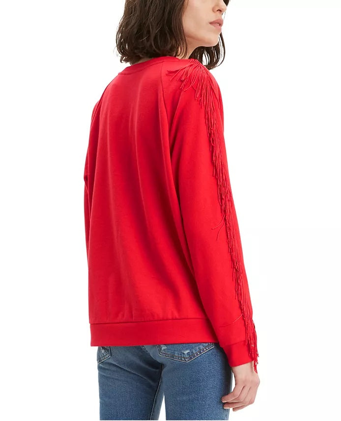 Moletom feminino Levi's com gola redonda e franjas, vermelho, tamanho extra grande