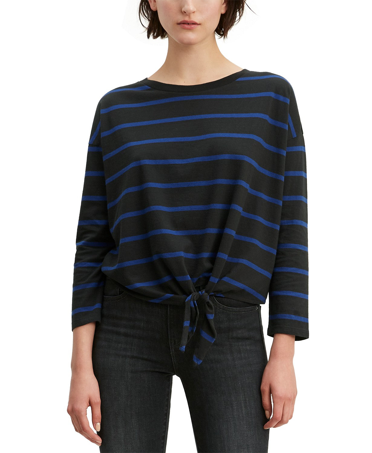 Blusa de algodão listrada Greta com bainha amarrada Levi's feminina, preta, tamanho médio