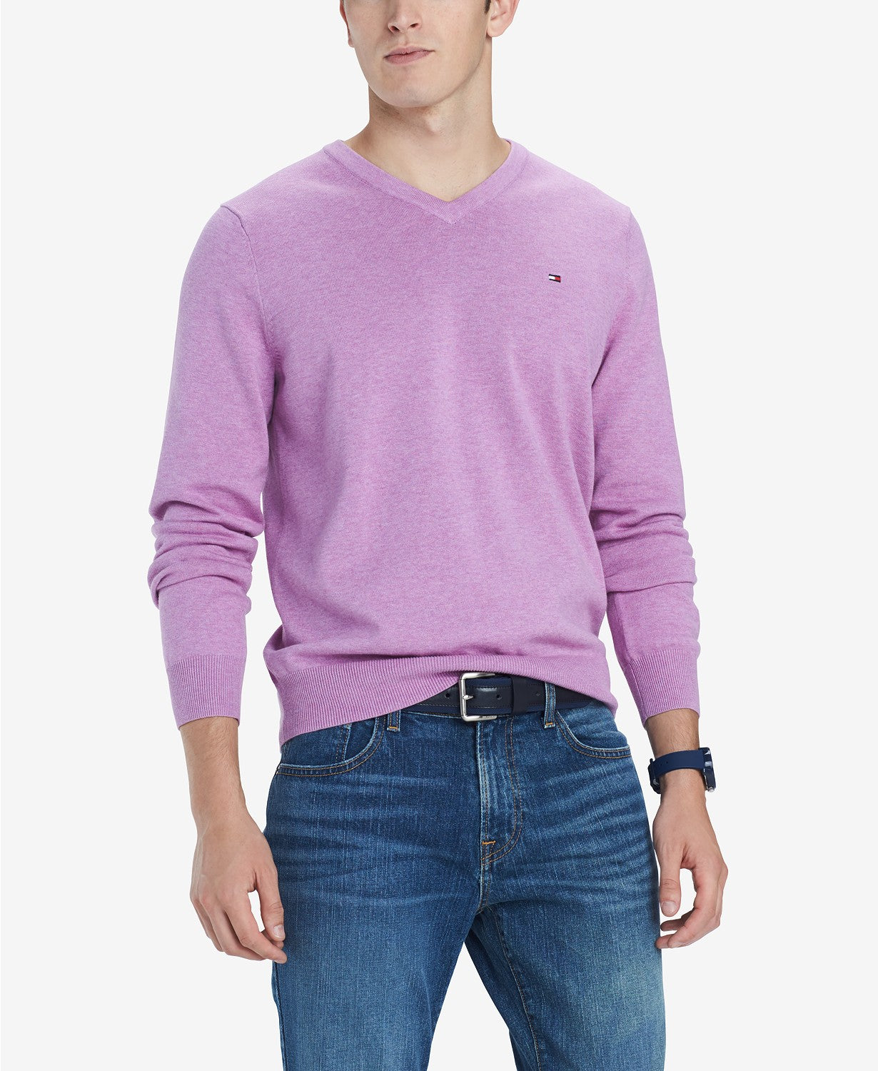 Suéter Tommy Hilfiger Signature com decote em V masculino, roxo, tamanho pequeno